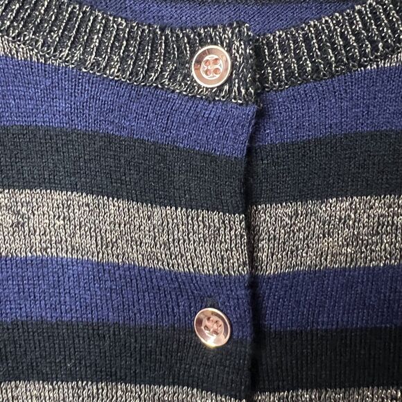 NEW LOFT Womens L Blue Metallic Stripe Cardigan Sweater Button Front Long Sleeve - Picture 4 of 11